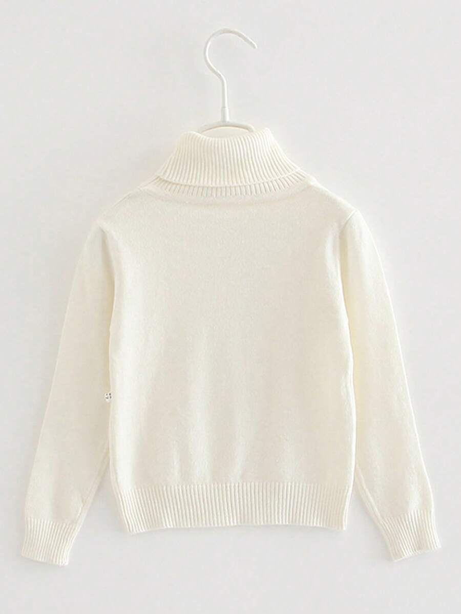 Jersey de cuello alto de manga larga suave de punto, tipo jersey básico casual, estilo uniforme escolar, para niños y niñas, apto para otoño/invierno/primavera - Blanco - Ver 1