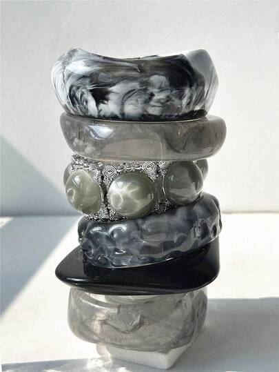 1 Adet Vintage Yeni Şeffaf Gri-Siyah Reçine Bileklik, Asimetrik Kalın Elastik Patchwork Bileklik, Kadınlar İçin Şık ve Lüks Takı