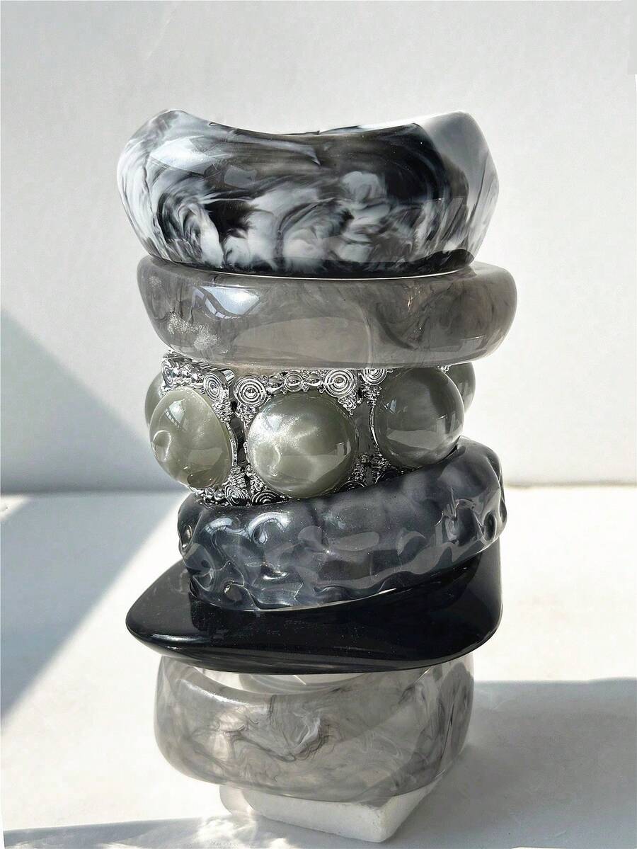 1pc Vintage New Transparent Gray-Black Resin Bracelet, Asymmetrical Thick Elastic Patchwork Bracelet, Fashionable High-End Jewelry For Women - Multicolor - View 1