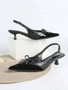 女士黑色漆皮拼接高跟鞋，5厘米猫跟，正式礼服/派对/婚礼鞋，带蝴蝶结 - 黑色 - 查看 4