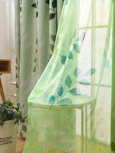 1件田园风半透明窗帘面料，印有树叶图案，现代清新，适用于客厅、卧室、阳台家居装饰。
