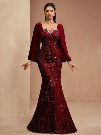 New Luxury High-End Sequin, Sequins, Lace Patchwork Chiffon Lantern Sleeve V-Neck Handmade Beaded Women's Elegant Mermaid Tail Formal Evening Gown For Wedding, Party, Banquet, Red Carpet, Valentine's Day