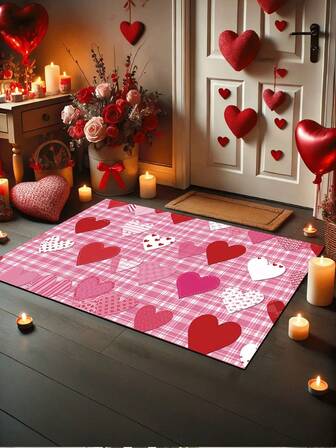 1pc Pink Valentine's Day Doormat - Outdoor Patio Decor Rug, Heart Non-Slip Rectangular Mat, Washable Polyester Carpet, Pink Plaid Design Indoor Outdoor Welcome Mat, Entryway, Bedroom, Hallway Home Decor Floor Mat, Valentine's Day Decorative Carpet Mat, Outdoor Doormat, Absorbent Non-Slip Small Rug, Bathroom Mat, Foot Pad, Suitable For Entryway, Bedroom, Hallway Home Decor Floor Mat, Holiday Decorative Carpet Mat, Outdoor Patio Decor Rug, Kitchen Mat