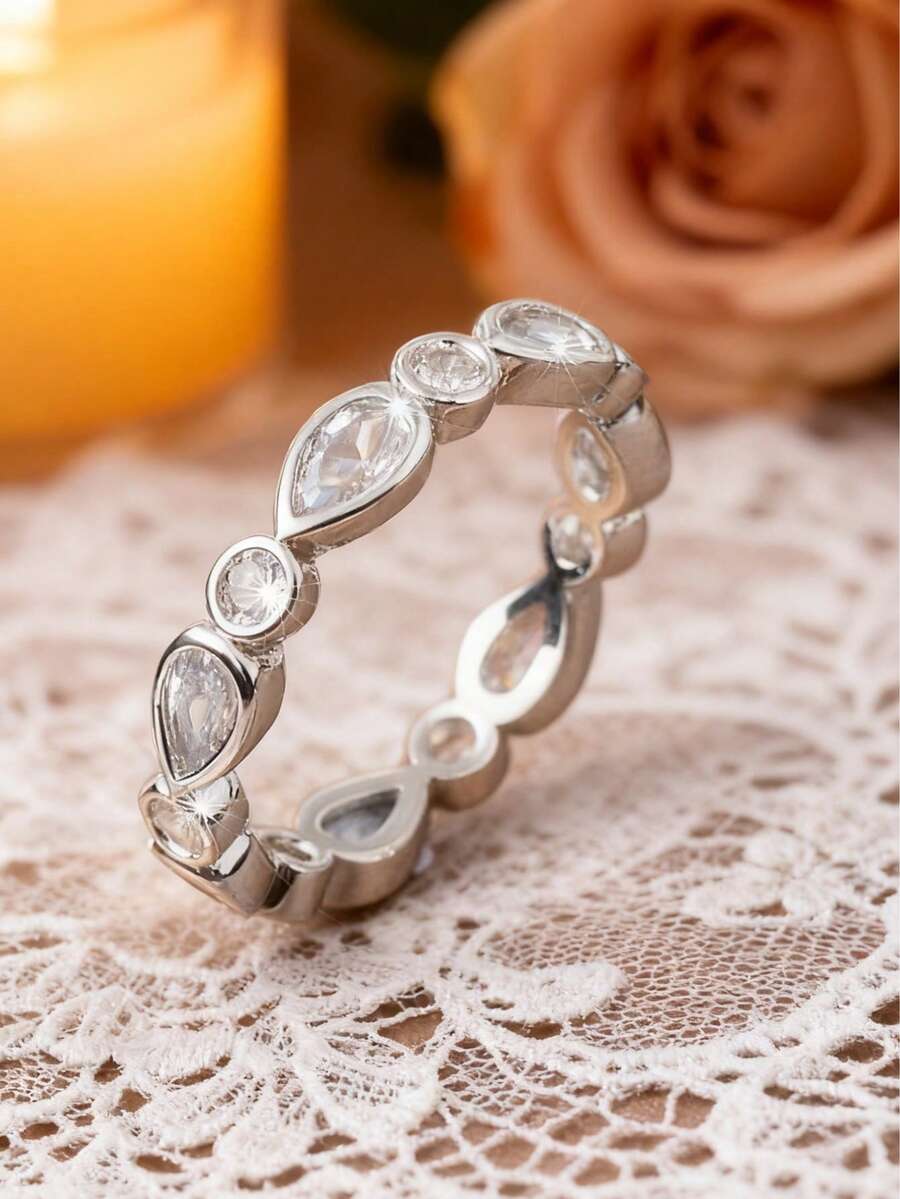 1pc Women's Synthetic Zirconia Eternity Ring,Stackable Ring,Anniversary Jewelry Gift,Minimalist Classic Fine Jewelry For Engagement & Parties (No Box)