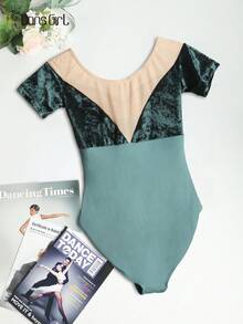 DonsGirl 1 Piece Women's Retro Palace Style Velvet Patchwork Short Sleeve Leotard - Ballet Dance & Modern Dance Classical Performance Costume - 墨綠色 - 查看 10