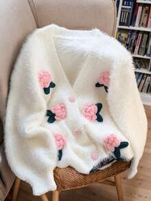 JIANHU Spring New Fuzzy Cardigan Women's Embroidered Vintage Buttoned V-Neck Knitted Sweater Stylish Outerwear