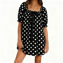 Women's Polka Dot Mini Dress Loose Bow Square Neck Puff Sleeve Short Dress For Daily/Travel - Black Background With White Polka Dots - View 3