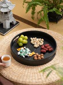 1pc Round Walnut Wood Serving Tray With Handle, For Holding Food, Snacks, Beverages, Sushi, Steak, Pizza, Desserts, Cakes, Breads, Breakfast Trays, Dining Trays, Coffee Trays, Tea Trays, Charcuterie Boards - Black - View 5