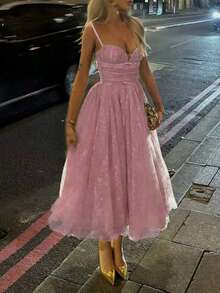 优雅、正式又浪漫的公主风束腰喇叭裙摆派对礼服，适合女士，圣诞节、新年等节日穿着，粉色系夏季款 - 粉色 - 查看 5