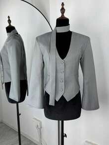 1pc Women's Solid Color Woven Fabric Button Casual/Office Jacket, Spring/Autumn - Grey - View 6