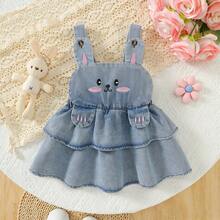 1pc Baby Girl Casual Cute Rabbit Embroidery Denim Bib Dress, Light Blue, Spring/Summer/Autumn - Blue - View 2