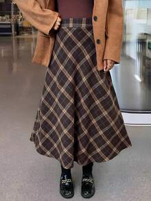 Chân váy kẻ caro EARO Chic dành cho nữ, thời trang, dáng rộng, tôn dáng, đa năng. - màu nâu - Xem 1