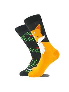 2/6/10双装 随机 时尚百搭创意 AB 不对称高帮袜，图案包含卡通动物、工具和人物 - 彩色 - 查看 5