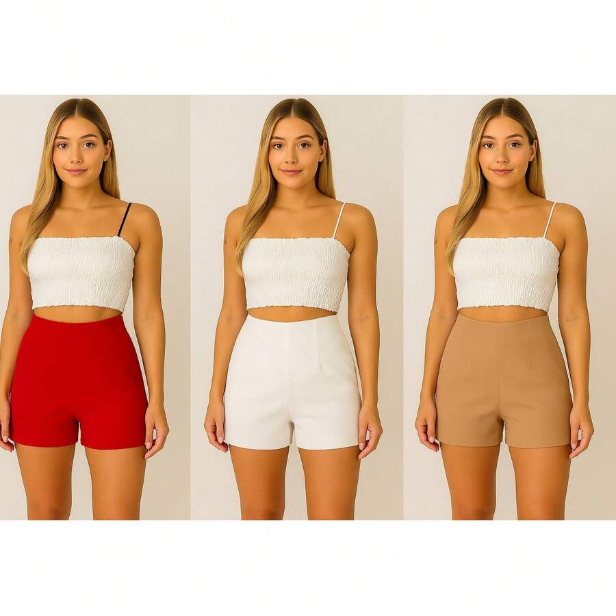 THE MODA 3-PIECE KIT Women's Tailored Shorts With Side Zipper - 紅色 白色 米色 - 查看 1