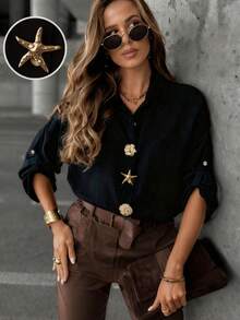 Yuyi Clothing 3D Decor Button Lapel Shirt, Adjustable Sleeve Length Loose Mid-Length Top, Retro Luxury Style, Suitable For Daily Commute, Outing, Spring & Autumn Black - Black - View 2