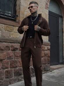 Artur Kramer Pantalones casuales de corte slim de unicolor con estilo retro americano, pantalones casuales de negocios de corte slim con bolsillos laterales y cremallera para hombre, otoño - Café integral - Ver 5