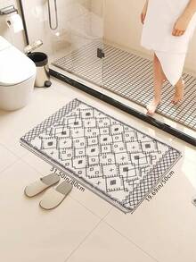 1pc Soft & Skin-Friendly Versatile Faux Cashmere Printed Rug, Black & White Simple Faux Cashmere Printed, Bathroom Non-Slip Absorbent Mat, Kitchen Decorative Mat, Bathroom Mat, Doormat - Black and White - View 4