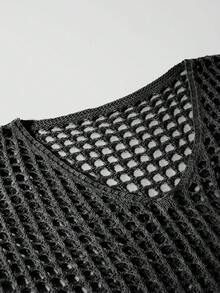 Plus Size Women V-Neck 3/4 Sleeve Solid Color Hollow Out Casual Elegant Knit Sweater - Black - View 5