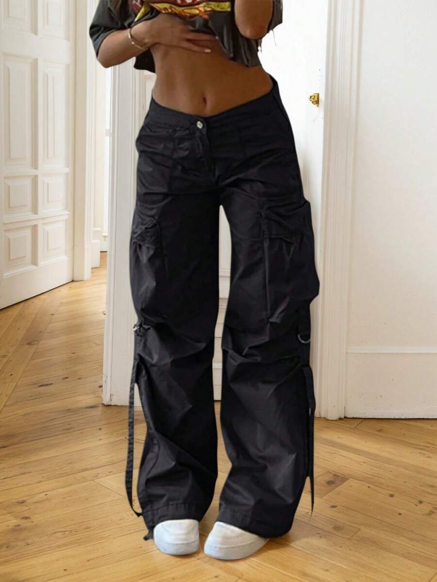 Y2K街头风翻盖口袋系带宽松休闲阔腿降落伞工装裤，秋季穿搭，万圣节女装