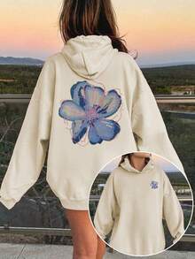 1件少女休闲印花套头卫衣，保暖内衬，长袖，秋冬季 - 花卉植物爱好者连帽上衣 - 杏色 - 查看 8