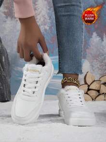 Women's Casual Sports Shoes, Round Toe, Comfortable, Warm Lining For Autumn/Winter, Lightweight For Running & Workout, Soft Sole, Simple & Comfortable Design - White - View 1