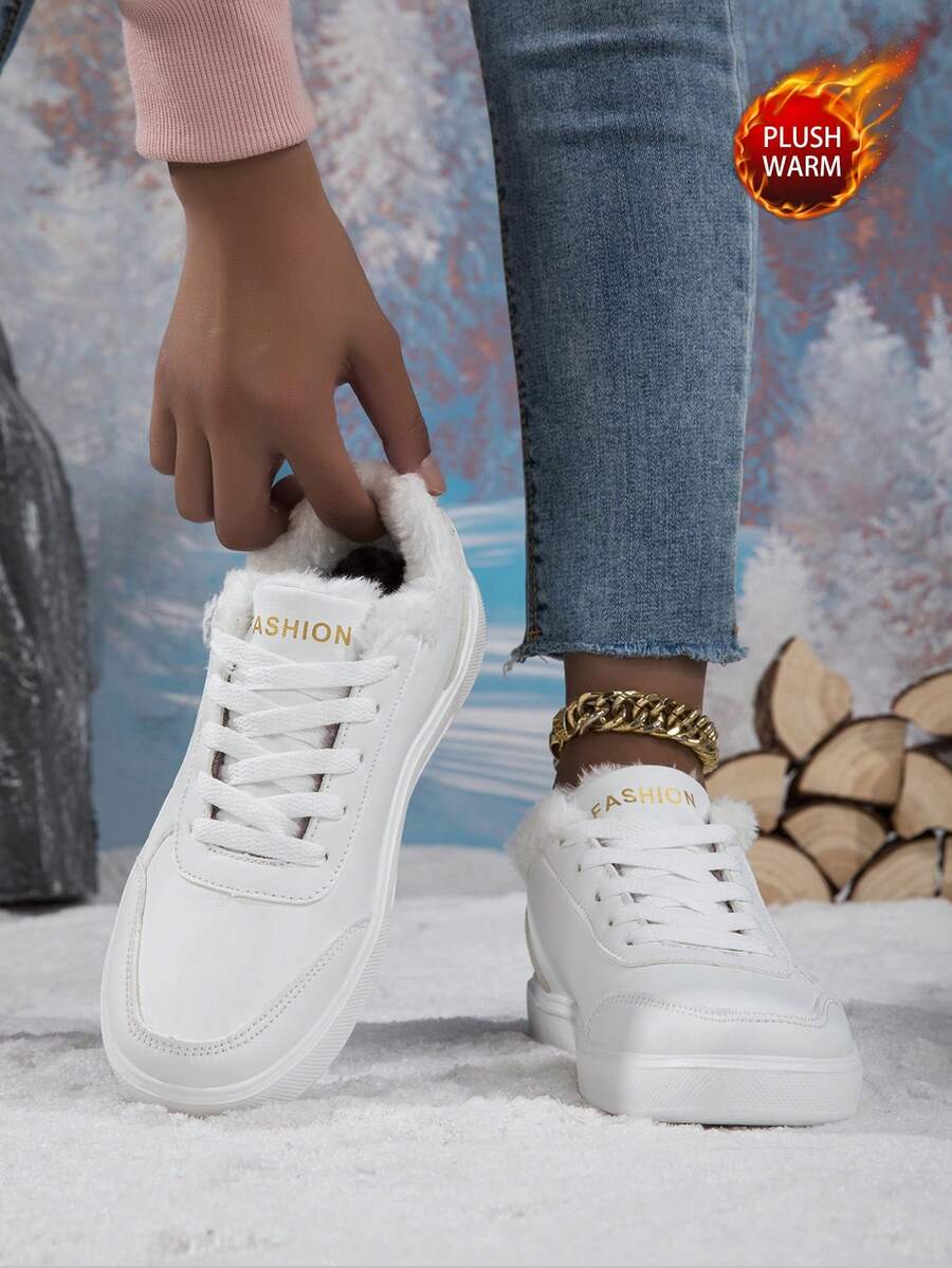 Women's Casual Sports Shoes, Round Toe, Comfortable, Warm Lining For Autumn/Winter, Lightweight For Running & Workout, Soft Sole, Simple & Comfortable Design - White - View 1