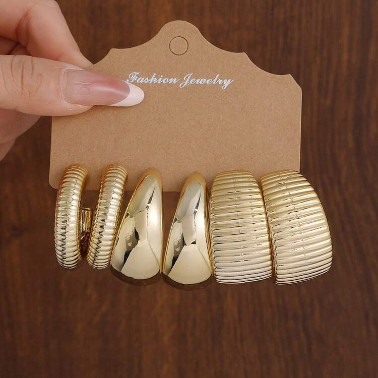 1 Set Fashionable Minimalist Geometric Pattern CCB Earrings Set, Suitable For Daily Wear - Yellow Gold - View 5