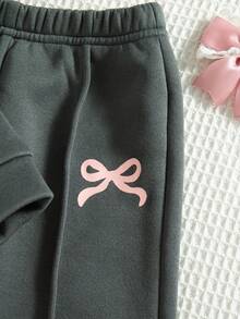 2pcs Baby Girls' Casual Butterfly Print Drop Shoulder Crew Neck Long Sleeve Sweatshirt And Pants Set, Thermal Lined Hoodie And Trousers Outfit, Autumn/Winter - Dark Grey - View 8