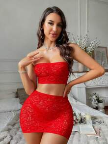 Conjunto de lencería sexy, sujetador transparente y falda corta de encaje jacquard para mujer, ropa interior para club nocturno