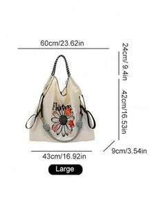 1个超大尼龙休闲刺绣菊花手提包，适合海滩、超市、购物、校园等场合，2025年流行大容量单肩斜挎包，女士款 - 彩色 - 查看 3
