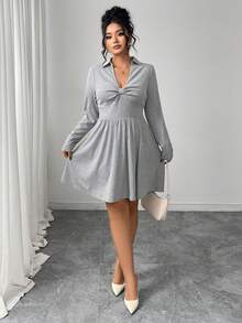 Plus Size Women Clothes Vestidos Elegantes De Mujer Dresses For Women Caramel Color, Fringed Neckline, Fitted Design, A-Line Length, High-Waist Design To Achieve Shaping Effect, Women's Long-Sleeved Dress Grey Collared Fitted A-Line Skirt. The Design Is Simple And The Atmosphere Is Relaxed And Comfortable. It Is Suitable For Daily Wear. - 灰色 - 查看 3