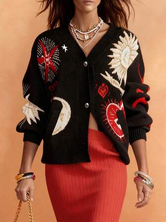 Sea Starshine 秋冬女装：休闲通勤及居家服饰，太阳心形星形提花针织开衫，配金属纽扣，落肩长袖针织开衫，圆领毛衣，秋季女装，完美适用于乡村音乐会、情人节和春季节日装扮。