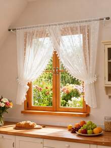 1pc White Pom-Poms Embroidery Sheer Curtain- 3D Pompoms Embroidered Pattern, White Soft Linen Fabric, All In One Piece Design,Princess Style Sheer Curtain For Dining Room Bedroom Hall Way Kitchen Rod Pocket Top