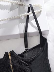 极致性感内衣套装，采用花卉蕾丝、薄纱、交叉绑带和拉链裆部设计 - 黑色 - 查看 7