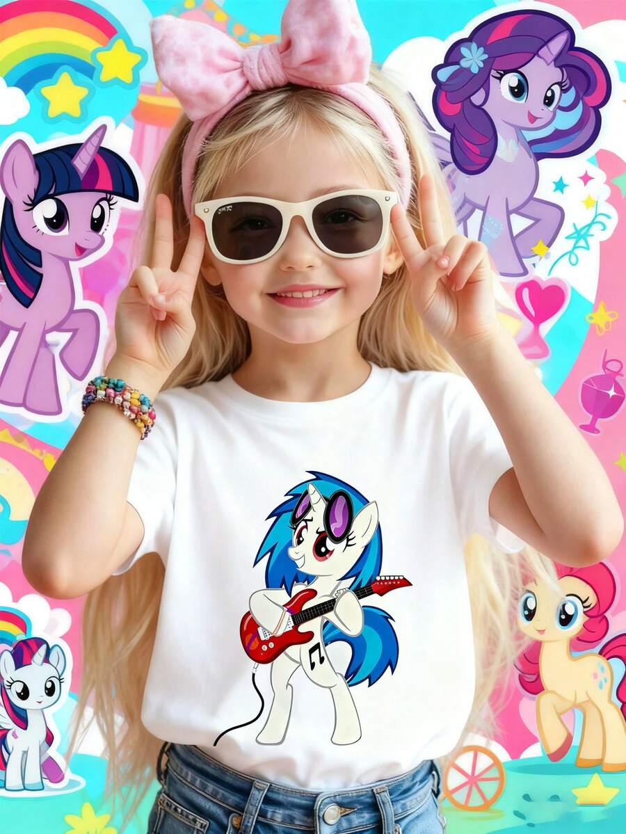 [ma baoli] camiseta de verano para niñas - Lindo patrón estampado de dibujos animados de pony - suéter estampado de cuello redondo, con tejidos blandos de poliéster, adecuado para niñas de verano, adecuado para envíos de tiendas locales, ropa de verano para niñas de estilo dibujos animados, adecuado para ocasiones diarias, fiestas, al aire  viajes. - Blanco - Ver 1