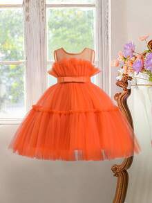 Đầm voan trang trí nơ màu trơn thanh lịch, thích hợp cho tiệc sinh nhật, không bao gồm băng đô - trái cam - Xem 2