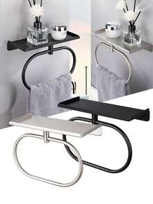 1个不锈钢毛巾环，椭圆形毛巾架，多功能卫生纸收纳架，适用于浴室和厨房，壁挂式毛巾杆/毛巾架，节省空间，现代浴室配件 - 彩色 - 查看 2