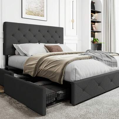 Upholstered Full/Queen Size Platform Bed Frame With 4 Storage Drawers, Adjustable Headboard With Diamond Stitched Button Tufted Design, Wooden Slat Support, No Box Spring Needed, Dark Grey