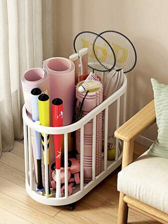 带轮储物箱收纳架，配有光滑的储物篮 - 黑白两色可选，节省空间的滚动式储物箱，采用开放式网格设计，经久耐用且易于清洁，适用于存放瑜伽垫和健身器材、浴室洗衣篮、家庭/办公室使用，坚固的塑料结构，储物篮。