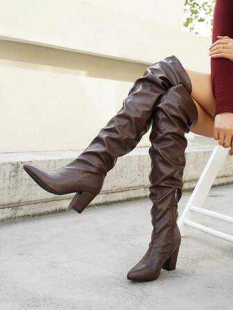 Women's Fashionable Pleated Western Over-The-Knee Chunky Heel V-Cut Boots
