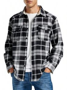 Men's Long Sleeve Plaid Flannel Shirts Cotton Plaid Button Down Shirts For Men Soft Regular Fit Mens Casual Shirts - Đen Trắng - Xem 12