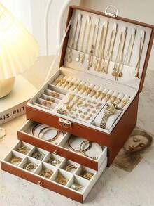 带锁首饰收纳盒，多层柔软绒面材质，米色/黑色/白色可选，防刮防尘盖，适用于戒指、项链、手镯、耳环等，优雅的女士首饰礼物，生日、婚礼、圣诞节礼物，桌面装饰，项链架，时尚展示，经久耐用，新娘配饰，首饰柜，首饰展示，经典设计，装饰收纳，防尘盒，戒指架，多层柜，女士首饰 - 彩色 - 查看 10