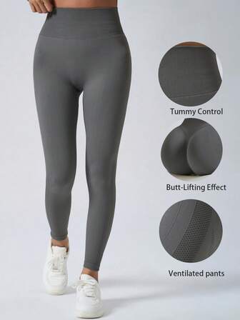 Women's High Waist Tummy Control Leggings, Seamless Knit Butt Lifting Yoga Pants, Breathable Skin-Friendly High Stretch Fitness Tight Pants, Shapewear For Workout & Daily Wear
