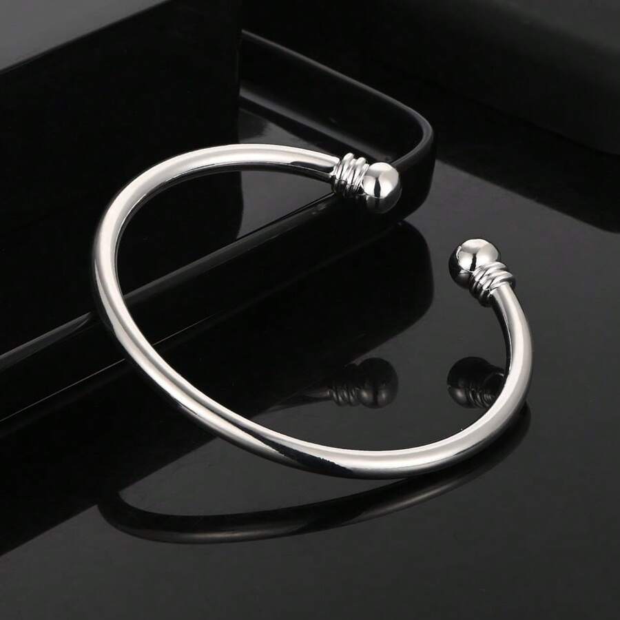 925 Sterling Silver Plated Cuff Bracelet For Men And Women Fashion Smooth Open Bangle Elegant Jewelry For Wedding Party - Silver - View 1