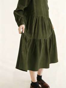 Corduroy Loose Long Sleeve Collared Dress, Winter Dress, Elegant Dresses For Women - Army Green - View 9