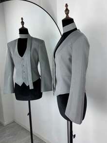 1pc Women's Solid Color Woven Fabric Button Casual/Office Jacket, Spring/Autumn - Grey - View 5