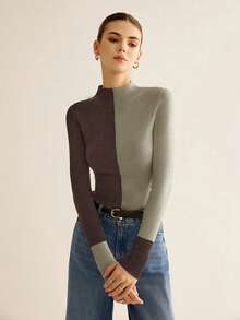 这款小众设计的撞色半高领针织衫，修身显瘦，长袖设计，是理想的内搭单品。融合复古与现代风格，适合春夏穿着，无论是日常出行、通勤还是约会，都是绝佳之选。 - 咖綠雙拼色 - 查看 3