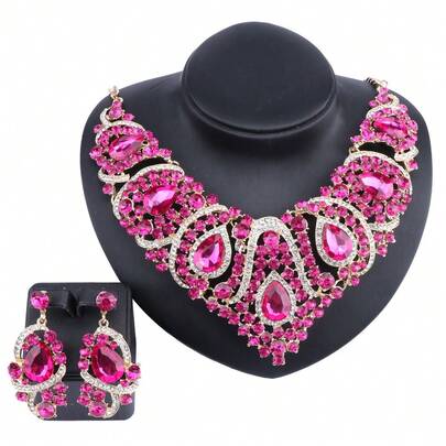 Bộ dây chuyền choker và bông tai dáng dài màu hồng đậm sang trọng đính đá CZ, trang sức cô dâu mạ vàng cho đám cưới, tiệc tùng, dạ hội, quà tặng cho người yêu.