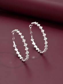 1 Pair Healthy Fashionable New Personalized Exaggerated Sexy Geometric Round Rhinestone Hoop Earrings For Women, Casual Vacation Birthday Wear, Runway, Nightclub - Silver - View 3