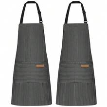 NLUS 2 Pack Kitchen CooFKing Aprons, Adjustable Bib Soft Chef Apron With 2 Pockets For Men Women (Black Pinstripes),BlackPinstripes - 黑條紋 - 查看 1